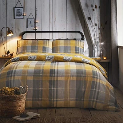 Image of Dreams &amp; Drapes Colville Check 100 Percent Brushed Cotton Duvet Cover Set Super King Bed Size in Ochre