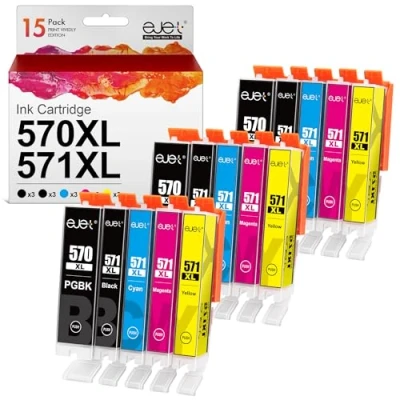 Image of ejet 15 Pack 570 571XL Compatible Ink Cartridge Replacement for Canon PGI 570XL CLI MG5750 TS5050 MG5700 MG5751 MG5753 MG6800 MG6850 MG6851 TS5051 TS5053 TS5055 TS6050 TS6051(PGBK B/C/M/Y)