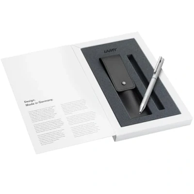 Image of Lamy logo twin pen multifunction set mechanical pencil &amp; ballpoint in an elegant stainless steel incl refill M 21 black, fine line 41 (0.5 mm) leather case