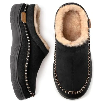 Image of Zigzagger Men&#039;s Fuzzy Moccasin Slippers Indoor/Outdoor Fluffy House Shoes, Black, 6 7 UK