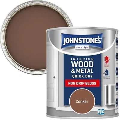 Image of Johnstone&#039;s Quick Dry Gloss Conker Finish Water Based Interior Wood &amp; Metal Radiator Paint Low Odour in 1 2 Hours 8m2 Coverage per Litre 0.75 L