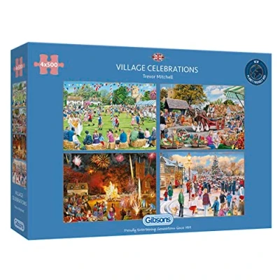Image of Village Celebrations 4 x 500 Piece Jigsaw Puzzles Multi Box Sustainable Puzzle for Adults Premium 100% Recycled Board Great Gift Gibsons Games