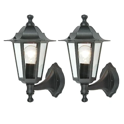 Image of 2 Pack Black &amp; Clear Glass Panel Outdoor Vintage Up Coach Lantern Wall Light IP44 Rated 31cm Height 1 x ES E27 Lamp Required Garden Patio Driveway UK Approved Aluminium