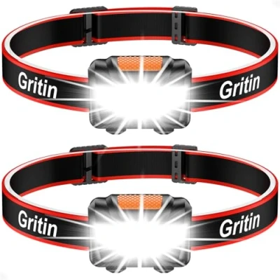 Image of Gritin LED Head Torch, [2 Pack] COB Headlamp Super Bright Headlight, Adjustable with 3 Modes, Lightweight for Running, Camping, Fishing