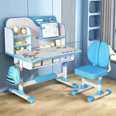 Image of tinysiry Kids Study Desk and Chair Set,Height Adjustable Children School Table with Large Writing Board&amp;Bookshelf&amp;Drawer,Ergonomic Astronaut Pattern Blue