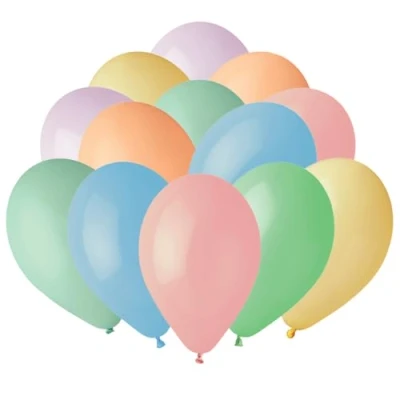 Image of Macaron Yellow, Aquamarine, Peach, Baby Blue, Pink, Mint Green &amp; Lilac Assorted Latex Balloons 23cm / 9 in Pack of 50