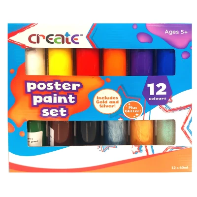 Image of Create Poster Paint Set (12) Water Based Washable Colours, Acrylic Tube for Posters, Projects, DIY, Crafts, Decorations and More, Includes Metallic Gold, Silver Glitter