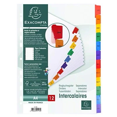 Image of Exacompta Ref. 1113E Dividers in white card 160g/m2 FSC® with 12 tabs printed monthly from January to December colour Printable indexing page Format file A4