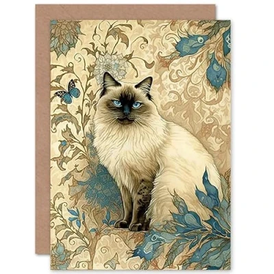 Image of Artery8 Blue Point Ragdoll Cat with Teal Plants Art Nouveau Watercolour Illustration Birthday Sealed Greeting Card Plus Envelope Blank inside