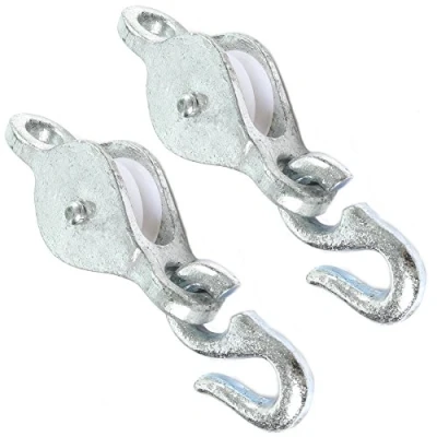 Image of 2x Galvanised Washing Line Pulleys &amp; Hooks Heavy Duty Clothes Dryer Cord Winch Wheel