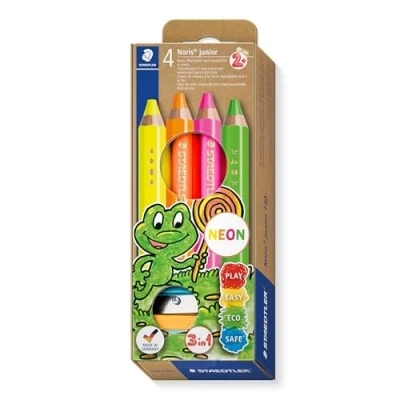 Image of STAEDTLER 140 C4P1 Noris Junior 3 in 1 Colouring Pencils for Toddlers Aged 3+ Assorted Neon Colours (Pack of 4 + Sharpener)