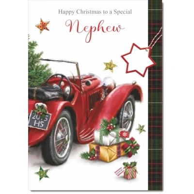 Image of doodlecards Nephew Christmas Card Red Vintage Car Medium Size for with Plain Envelope