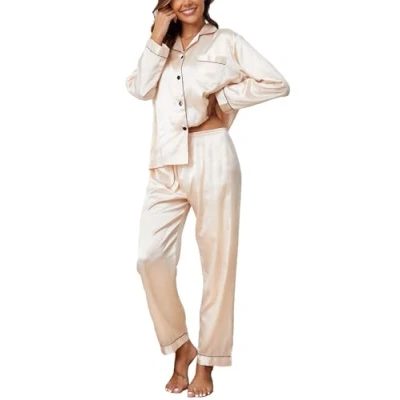 Image of Reliwel Women&#039;s Pyjama Set Silk Satin Long Sleeve Button Down Ladies Pyjamas two Piece Pjs for Women Sets Sleepwear Loungewear Nightwear Fall Winter S XXL Champagne