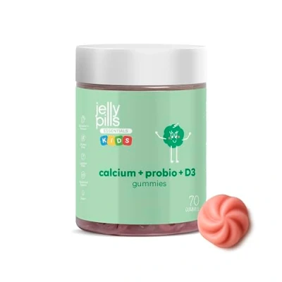 Image of Jelly Pills® Kids Gummies Calcium &amp; Probiotics with VIT D3 and K2 70 Strawberry Flavoured Vegan for Their Bones, Muscles Teeth 1 Billion CFU No Sugar Added 2 Months