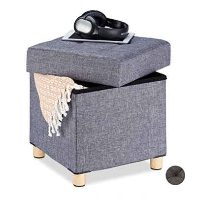 Image of Relaxdays Storage Ottoman, Soft Padding, Quilted, Fabric Cover, Cube Seat, HxWxD: 40 x 38 cm, Grey