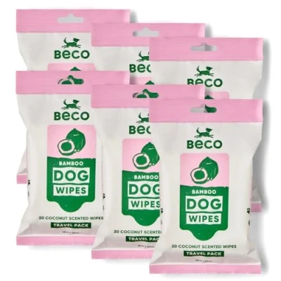 Image of Beco Dog Wipes Plastic Free, 20 x 6 Travel Packs, Coconut Scented, For Paws, Body &amp; Bum, Plant Based Grooming