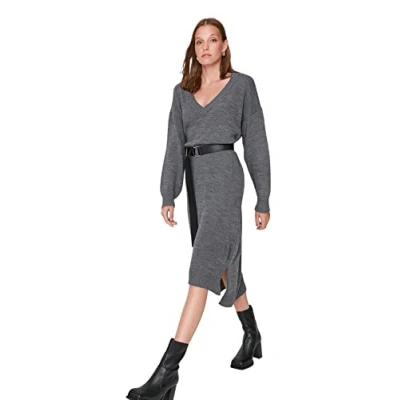 Image of Trendyol Women Maxi Shift Oversize Knitwear Dress Gray