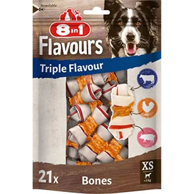 Image of 8in1 Triple Flavour bones XS chewy dog with chicken fillet, pork hide and beef hide, 21 pcs.