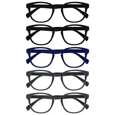 Image of OPULIZE Pop Reading Glasses 5 Pack Fun Round Matt Frame Black Blue Grey Spring Hinges Scratch Resistant Mens Womens RRRRR2 11377 +2.00