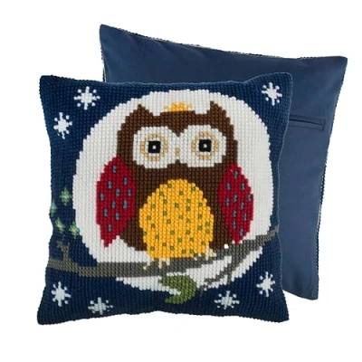 Image of Trimits Cross Stitch Cushion Kit, Back Included, Pre Printed Canvas, Yarn and Needle Included 40 x 40cm (15.75 15.75in), Night Owl