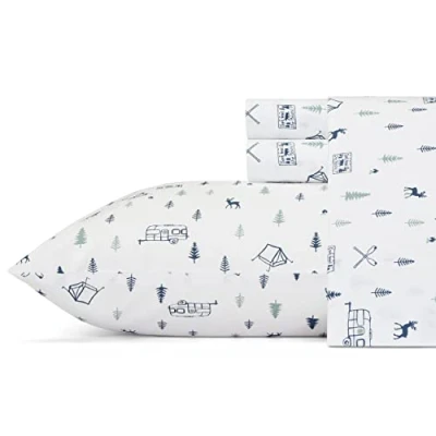 Image of Eddie Bauer Cotton Percale Bedding Set, Crisp &amp; Cool, Stylish Home Decor, Campout White/Navy, King