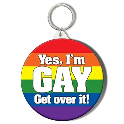 Image of Gift Insanity YES I&#039;M GAY GET OVER IT RAINBOW BACKGROUND 45mm Keyring