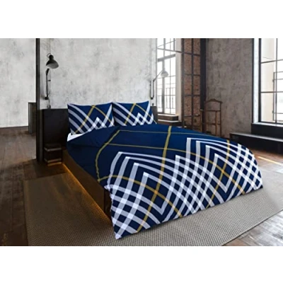 Image of CnA Stores Maxwell Geo Check Duvet Cover &amp; Pillowcase Reversible Easy Care Cotton Blended Bedding Set (DOUBLE, NAVY/GOLD)
