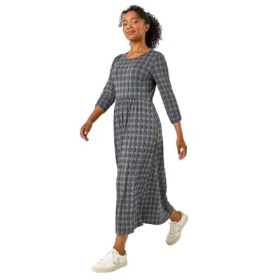 Image of Roman Originals Midi Gathered Dress with Pockets for Women UK Ladies Stretchy Jersey Maxi Round Neck Elasticated High Waisted Boho Flattering Skater Swing Fit Flare Petite Grey Size 14