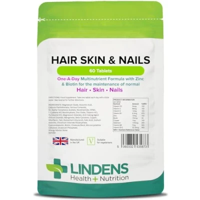 Image of Lindens Hair Skin &amp; Nails, 60 Tablets 1 a Day, UK Made Healthy Hair, Nails Multinutrient Formula with Zinc, Biotin, Vitamin C, E Letterbox Friendly