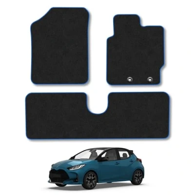 Image of Car Mats Compatible with Toyota Yaris (2011 2020) Tailored Fit Blue Carpet Floor Set Accessory Custom 4 Pieces Anti Slip Backing &amp; Binding Trim Edge