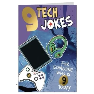 Image of Funny 9th Birthday Card, Tech Jokes 9 for a nine Year Old,Happy Card Old, Jokes, Card. Gold Foiled