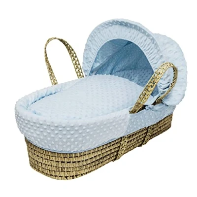 Image of Kinder Valley Blue Dimple Palm Moses Basket with Natural Folding Stand, Adjustable Hood, Fibre Mattress &amp; Padded Liner