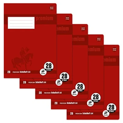 Image of Staufen Premium Exercise Book DIN A4, Type 28 Ruling (5 mm Squared with Margin Line), 32 Sheets, 90 g/m² Paper, Pack of 5