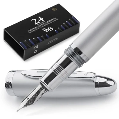 Image of Wordsworth &amp; Black Majesti Fountain Pen (Silver), Luxury Case, 24K Gold Finish; 18K Gilded Medium Nib Ink Cartridges, Refillable Converter Calligraphy Best Business Gift Set for Men Women