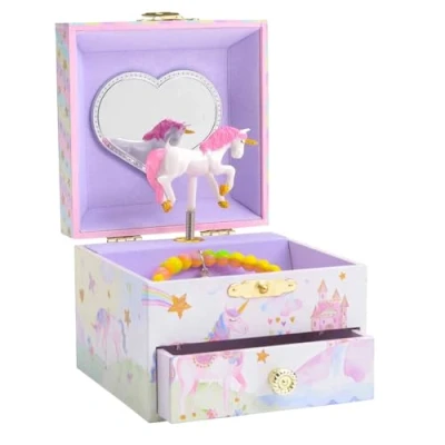 Image of Jewelkeeper Unicorn Jewellery Box for Girls Spinning in The Beautiful Dreamer Tune Glitter Rainbow Design with Drawer Music 10x10x8 cm, Party