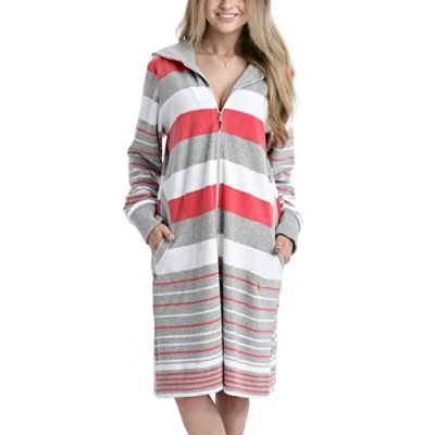 Image of Aquarti Women&#039;s Bathrobe Hooded with Zipper Striped Design, Dark Blue, XXL