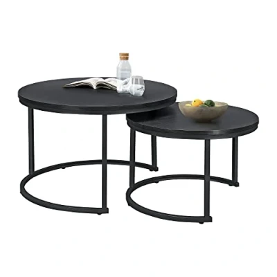 Image of [en.casa] coffee table Christchurch set of 2 living room round sofa side with metal frame black