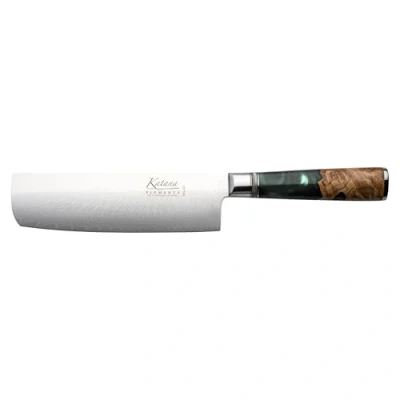 Image of Katana Saya Elements 18 cm Nakiri Knife, Rainforest Green, VG 10 Damascus Steel with Olivewood &amp; Resin Handle (KEG 03)
