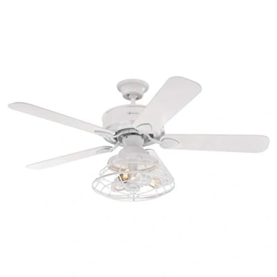 Image of 72209 Barnett 122 cm White Indoor Ceiling Fan, Dimmable LED Light Kit with Cage Shade, Remote Control Included