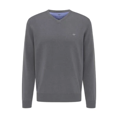 Image of FYNCH HATTON Fine Knitted V Neck Cotton Jumper, steel, XXL