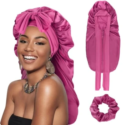 Image of DRESHOW Long Satin Braid Bonnet for Women Silk Sleeping Sleep Cap with Elastic Tie Band Night Curly Hair Locs