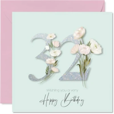 Image of 32nd Birthday Cards for Women Fancy Floral Flowers Happy Card 32 Year Old Woman Auntie Neighbour Wife Colleague, 145mm Bday Greeting