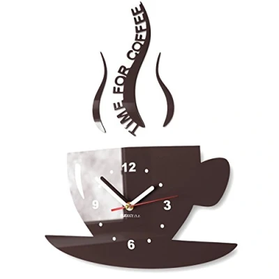 Image of FLEXISTYLE Kitchen wall clock CUP time for coffee (Brown)