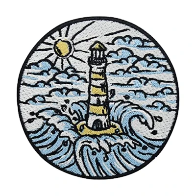 Image of Lighthouse at Sea Iron on Patch Water Embroidery Patch, Sun Patches, Wave ironable Maritime Badges Finally Home