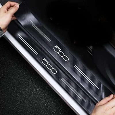 Image of RIDGOEL 4pcs Car Door Sill Protector Guard Sticker for Fiat Abarth 500 Gucci, Carbon Fiber Kick Plates/Step Pedal, Auto Inner/Outer Threshold Decoration Accessories A