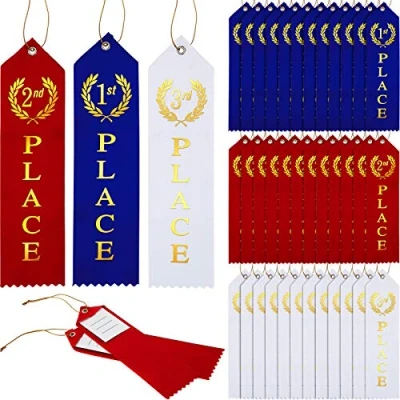 Image of 45 Pieces Award Ribbons 1st, 2nd, 3rd Place Flat Carded Set First Prizes with Event Card and Rope for Competition, Sports Event, School, Contests, Blue Red White