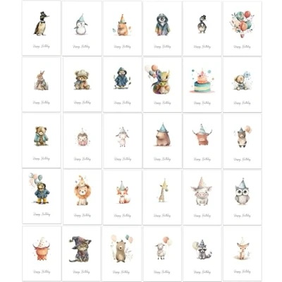 Image of 30 Different Bright and Cutely Drawn Assorted Birthday Cards with Envelopes