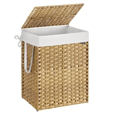 Image of SONGMICS Laundry Basket, 110 L Synthetic Rattan Storage Basket with Lid and Handles, Wicker, Foldable, Removable Liners, for Blankets, Clothes, Living Room, Natural Colour LCB152Y01