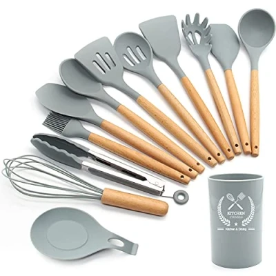 Image of FXY Silicone Kitchen Utensils Set,13 Pcs Wooden Handles Spatula Set,Cooking for Non Stick Pans,Silicone Spatulas Cooking Gadgets Tools (Grey)