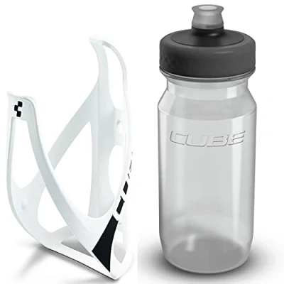 Image of Cube HPP Cage Matte White &amp; Grip Bottle Clear, 500ml / Water Drink Flask Vessel Bidon Holder Mount Bracket Kit Lightweight Plastic Drinking Hydration Biking Bike Riding Frame Accessories